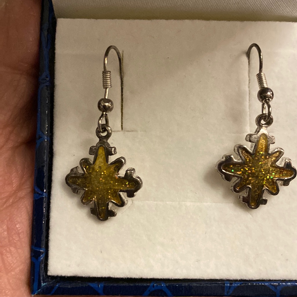 Silver Earrings With Dangling Enameled Floral